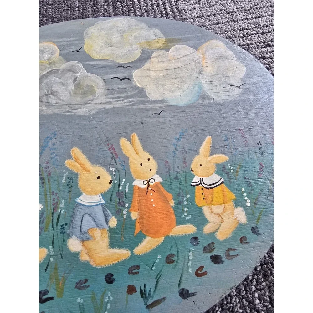 Vintage Hand Painted Wood Plaque Bunny Rabbit Family Folk Art Beatrix Potter